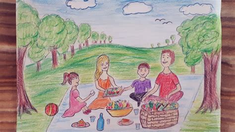 Piknik yapan aile resmi / Piknik çizimi / A family having a picnic drawing / Picnic drawing ...