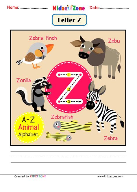 Kindergarten Letter Z Animal Picture Cards Worksheet