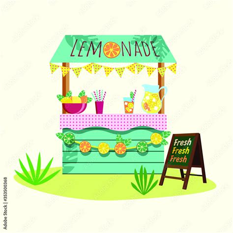 Cartoon lemonade stand with fresh lemons and freshly squeezed juice ...