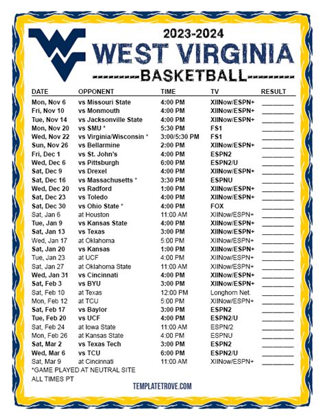 Printable 2023-2024 West Virginia Mountaineers Basketball Schedule