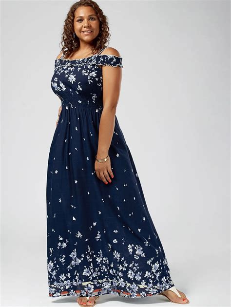 Wipalo Plus Size Floral Print Cold Shoulder Maxi Dress Women High Waist ...