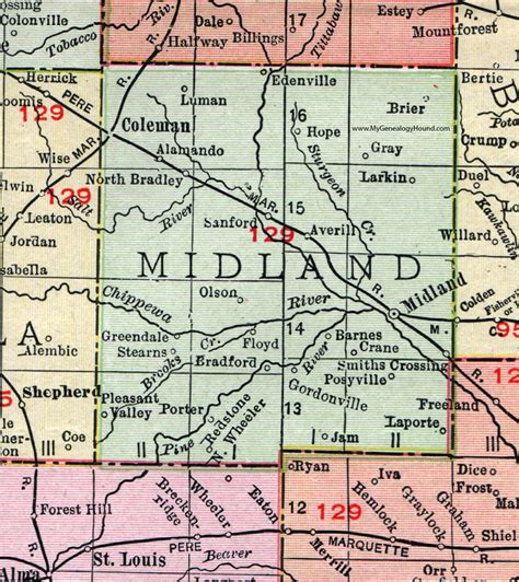 Midland County, Michigan, 1911, Map, Rand McNally, Coleman, Sanford ...