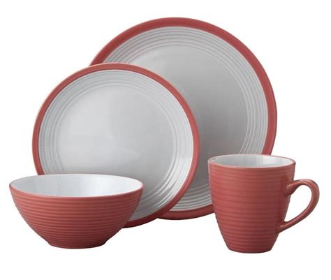 Crockery Cutlery Plates bowls Mugs 16 Piece Ribbed Stoneware Lunch Dinner Set - Red Pink - Argos ...