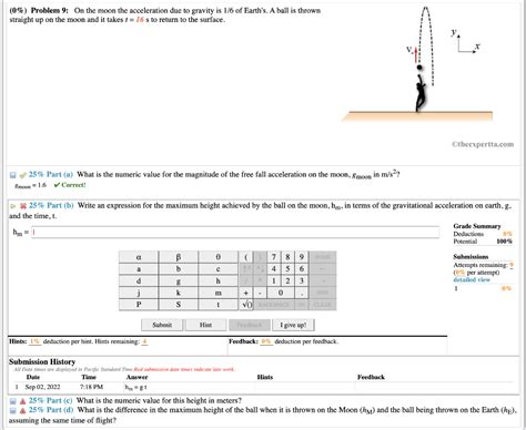 Solved (0\%) Problem 9: On the moon the acceleration due to | Chegg.com