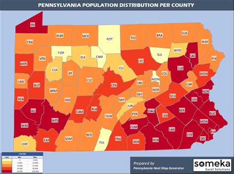 Pennsylvania County Map and Population List in Excel