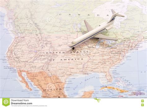 Travel Destination USA. Passenger Airplane Miniature on a Map Stock Photo - Image of aircraft ...