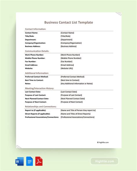 Business Contact List Template - Word | PDF | Google Docs - Highfile