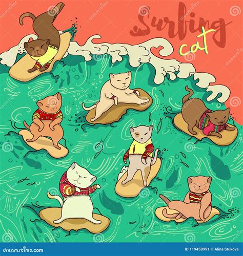 The Cat Surfer Pattern is Surfaced Stock Vector - Illustration of ...