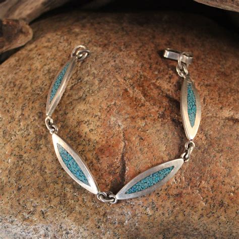 Silver Turquoise Bracelet Heavy Vintage Sterling Silver Link Bracelet 23.5 grams Size 8 925 ...