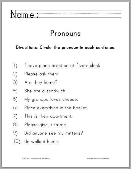 a printable worksheet with the words pronouns and an image of a