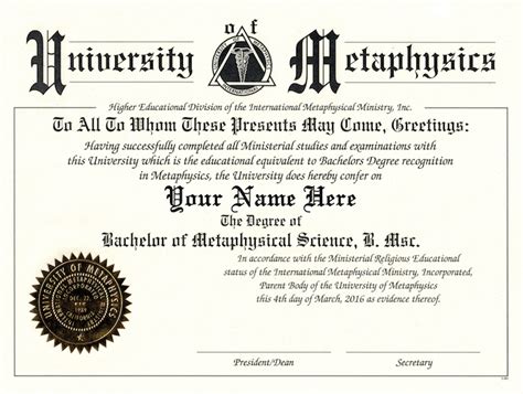 Bachelor's Degree in Metaphysic and Metaphysical Science