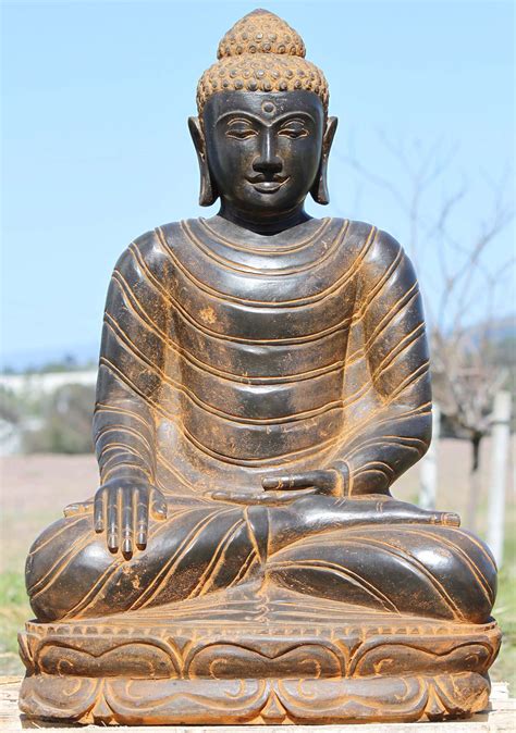 Stone Earth Touching Buddha Garden Statue 31" (#105ls429): Lotus Sculpture