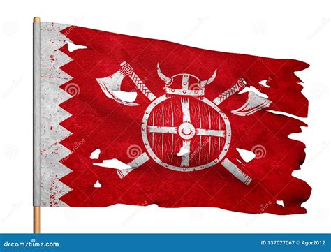 Medieval Viking Knight Waving Tattered Flag with Coat of Arms of ...