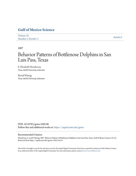 (PDF) Behavior Patterns of Bottlenose Dolphins in San Luis Pass, Texas