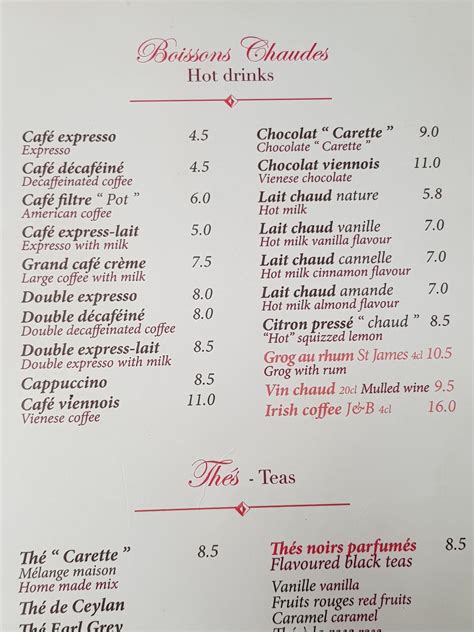 Menu at Carette restaurant, Paris, 4 Pl. du Trocadéro et du 11 Novembre