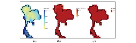 Climate map of Thailand (rainfall (a), maximum temperature (b), and ...