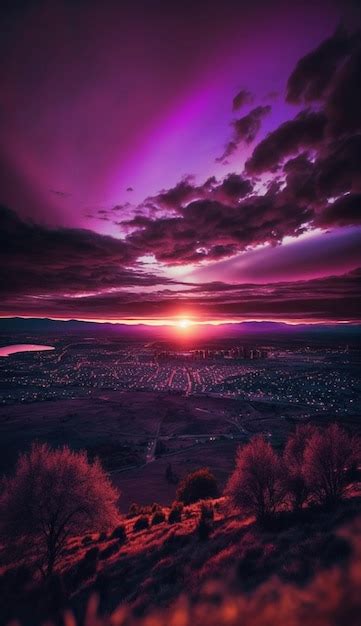 Premium AI Image | A purple sunset over a city with the sun setting ...