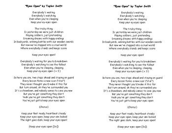 Eyes Open by Taylor Swift Lyrics Civil War Reading Analyzation | TpT