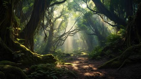 A dense, ancient forest with towering trees creating a canopy overhead