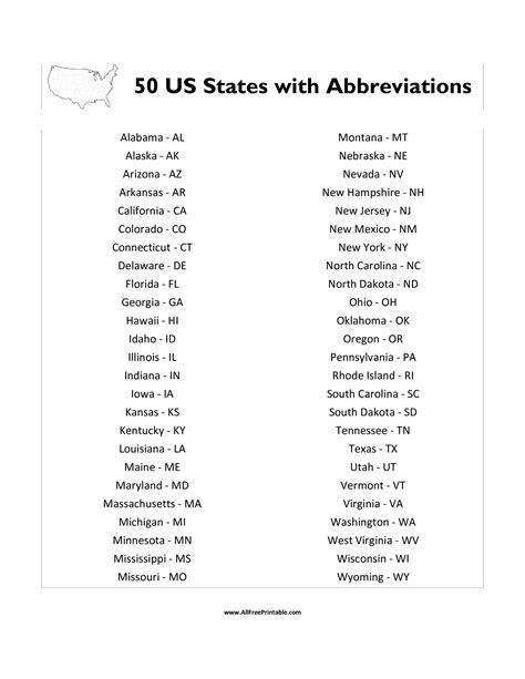 Printable List Of 50 States