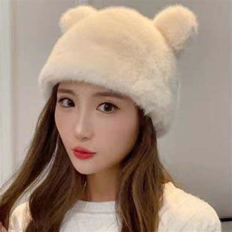 Rabbit Fur Plush Beanies Cat Ear Winter Bucket Hat Ins Bear Ear Cap ...