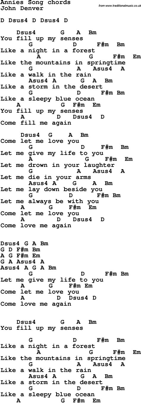 Song Lyrics with guitar chords for Annie's Song - John Denver | John denver, John denver songs ...