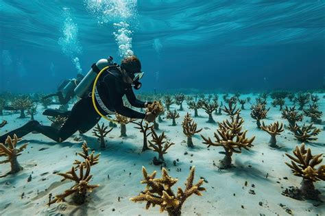 Premium Photo | Reef Restoration Diver Plants Small Corals on Ocean Floor Restoration of Dead ...