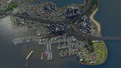 Aerial Shot of the port in my current build. Santa Palma. | City skylines game, City, City layout