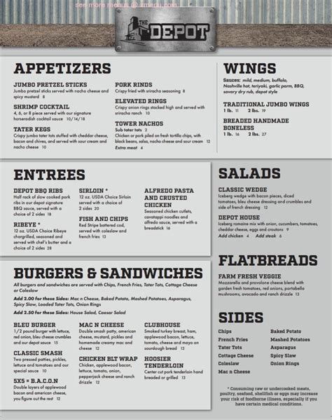 Menu at The Depot restaurant, Greenfield