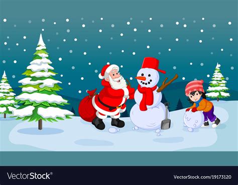 Santa claus with snowman and kid playing snow Vector Image