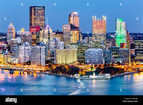 Pittsburgh, Pennsylvania downtown skyline at dusk. Located at the ...