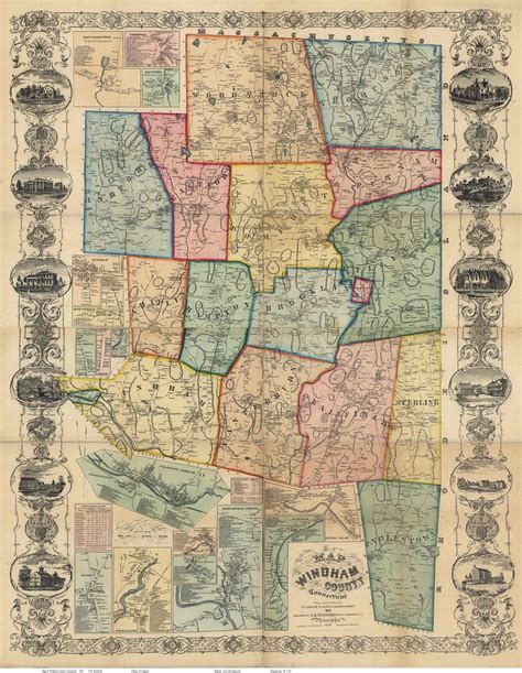 Map of Windham County CT 1856 Wallmap Reprint