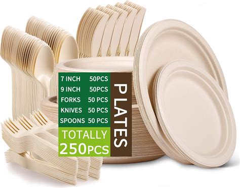 [250 PCS] Paper Plates Heavy Duty,Paper Plates Set,Dinner Plates Set,Sugarcane Disposable Paper ...