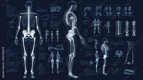 Medical infographic featuring orthopedic anatomy charts. Includes a human silhouette in motion ...