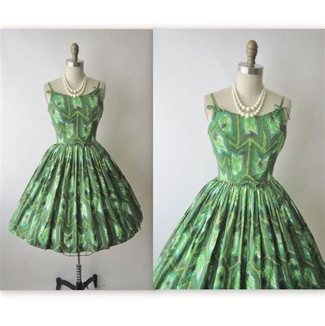 50's Tiki Dress // 1950's Vintage Tiki Print Cotton Full Garden Party Mad Men Dress XS | Tiki ...