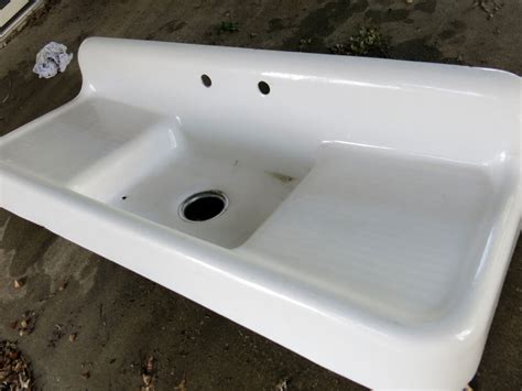 Antique White Cast Iron Farmhouse Double Drainboard Kitchen Sink | eBay