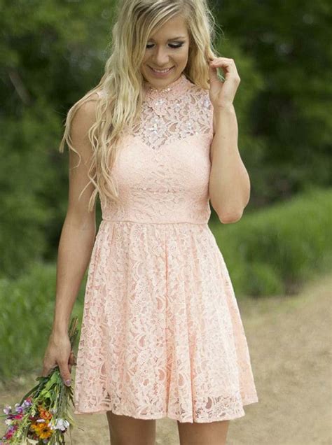 Pink Short Bridesmaid Dress,Lace Bridesmaid Dress,High Neck Bridesmaid ...