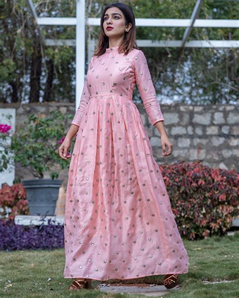 Pink embroidered box pleated chanderi dress by The Weave Story | The ...