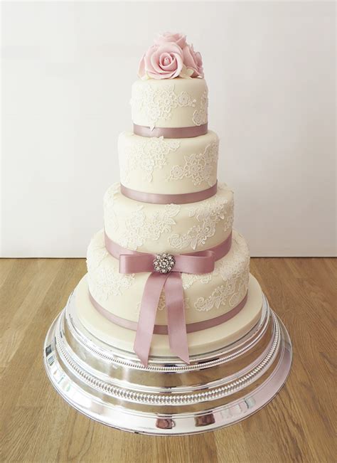 Wedding Cake with Lace and Dusky Pink Ribbon - The Cakery Leamington Spa