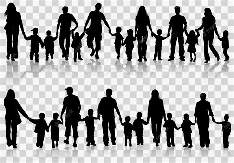 Gran conjunto de padres de siluetas familiares con niños tomados de la mano, ilustración ...