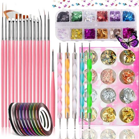 Nail Supplies Set, Nail Brushes Polish Kit, Double-ended Dotting Pens, Butterfly Nail Glitter ...