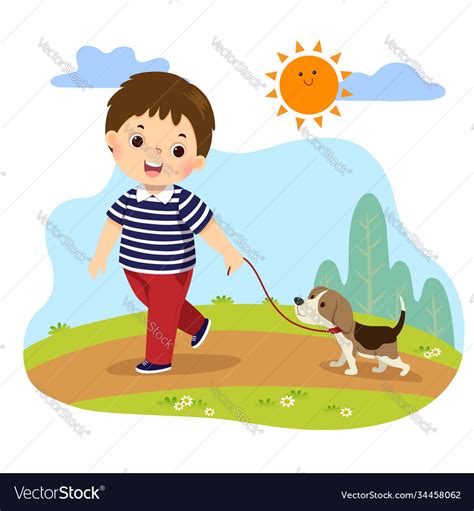 A boy taking his dog for walk outdoors Royalty Free Vector