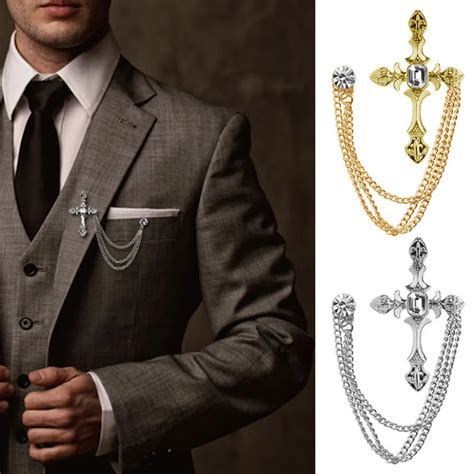 Men's Rhinestone Cross Chain Brooch Lapel Pin Shirt Suit Wedding Accessory Gift #Y51#-in ...