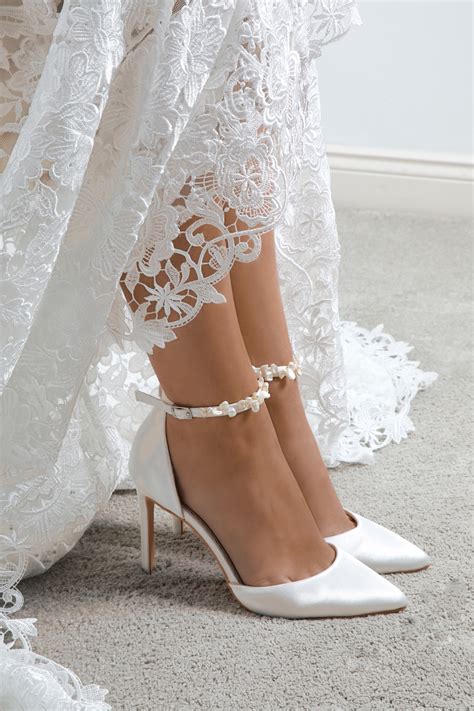 Ella Ivory Satin Keshi Pearl Ankle Strap Court Shoes by Perfect Bridal - £… | Salto para ...