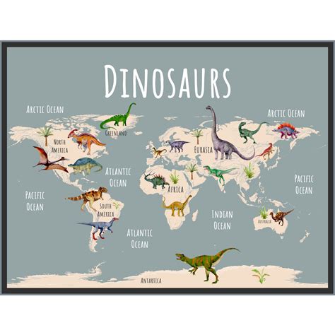 Dinosaur World Map on Fine Art Canvas or Archival Paper - Dera Design