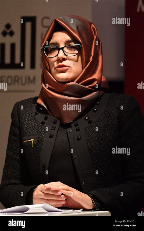 Hatice Cengiz, the fiancee of the murdered journalist Jamal Khashoggi speaks during a memorial ...