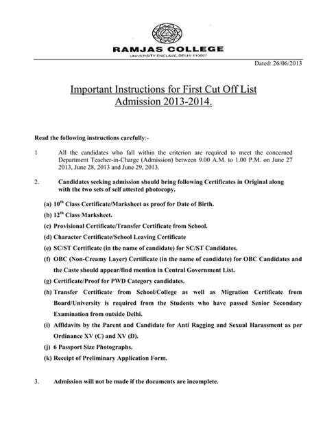 Ramjas College Instructions for 1st Cut Off - 2013 14 | PDF