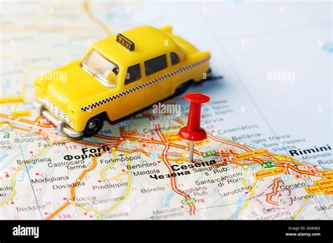 Close up of Cesena , Italy map with red pin and a taxi - Travel concept Stock Photo - Alamy