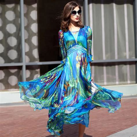 Idelly Summer Dresses Fashion Runway Ankle Length dress Silk Printed ...