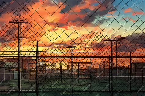 Premium AI Image | Chain link fence and sunset sky background